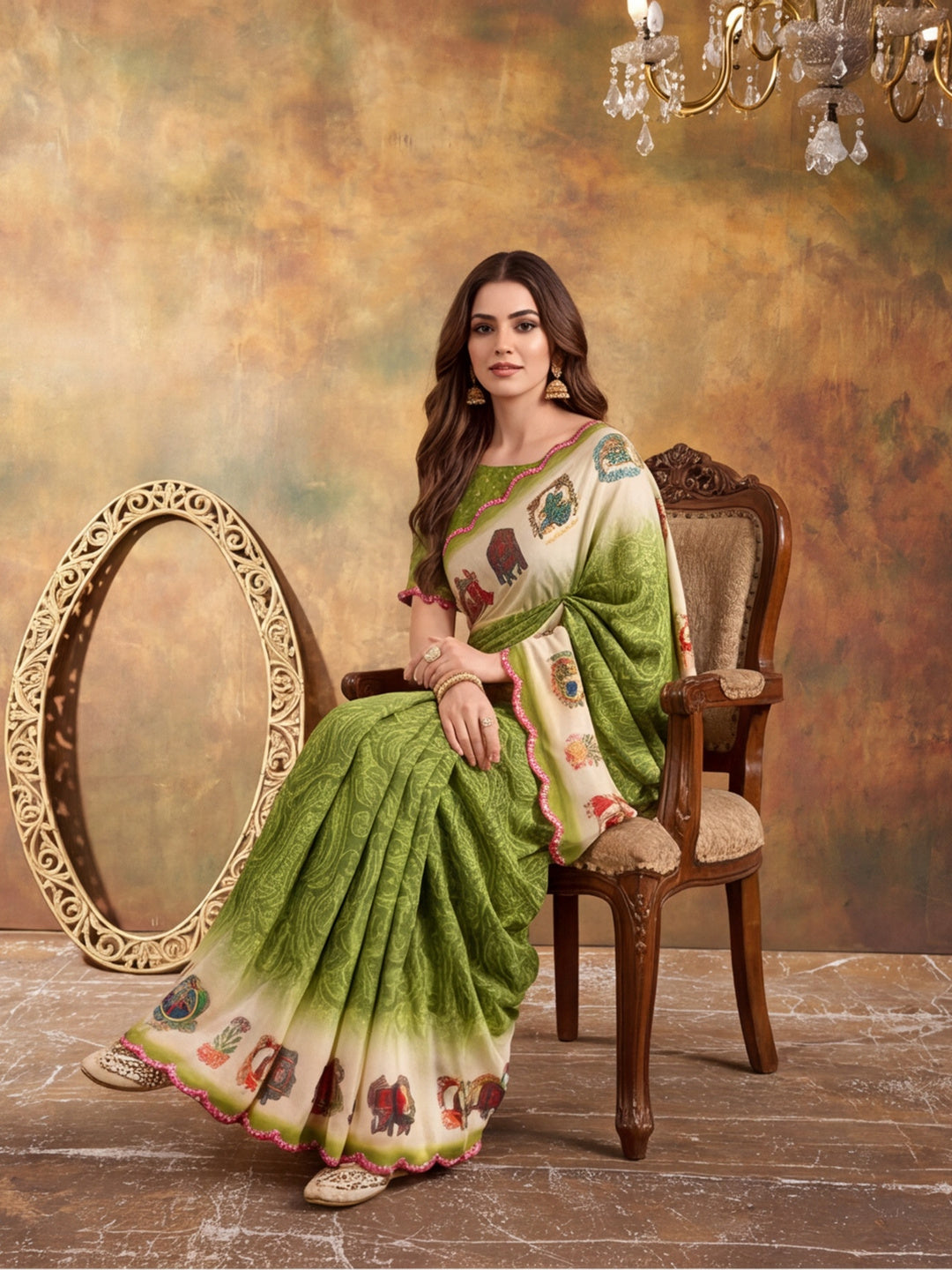 Women Lightweight Printed Beautiful Mirror Work Border Saree With Unstitched Blouse Piece