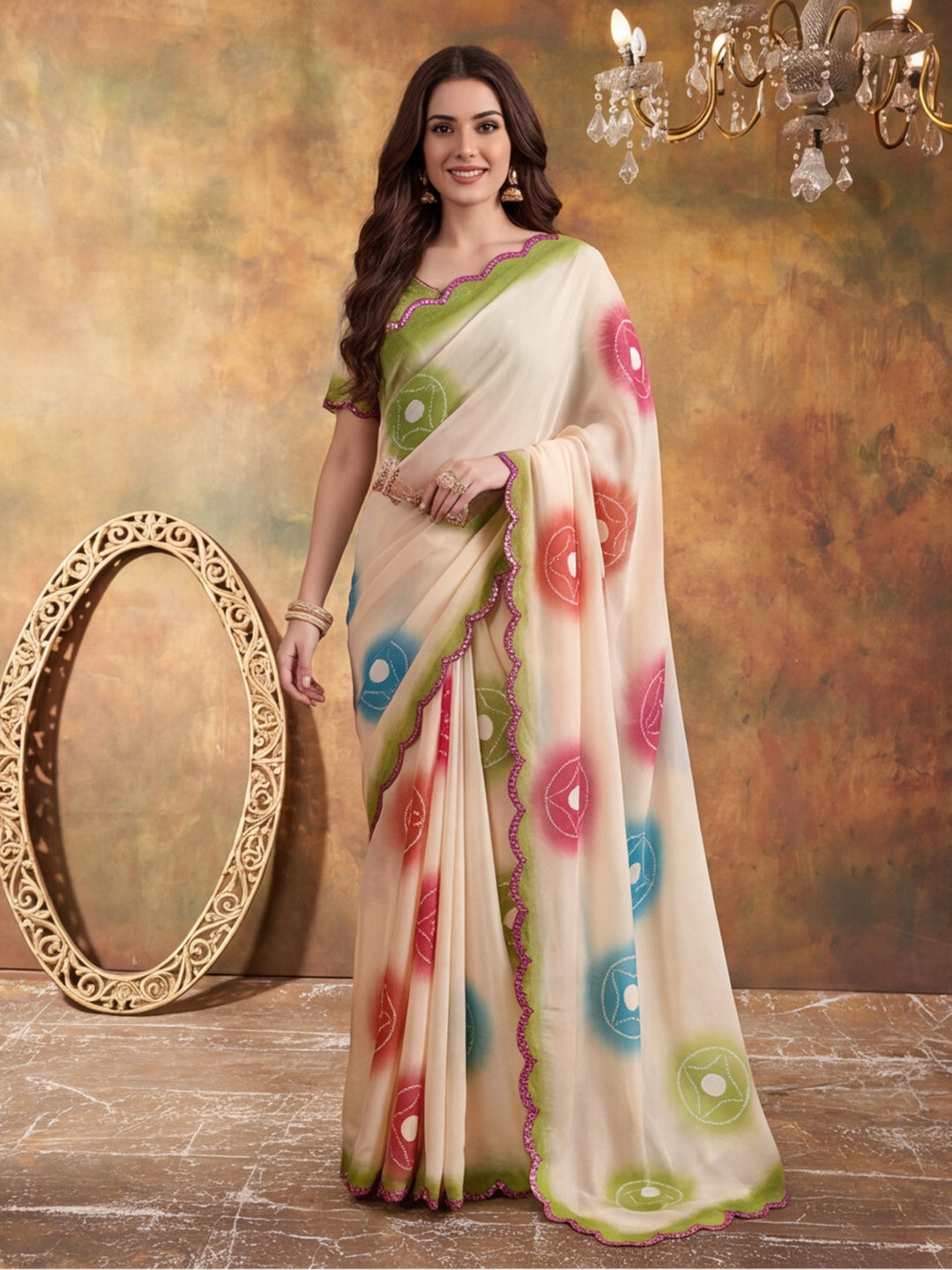Women Lightweight Printed Beautiful Mirror Work Border Saree With Unstitched Blouse Piece