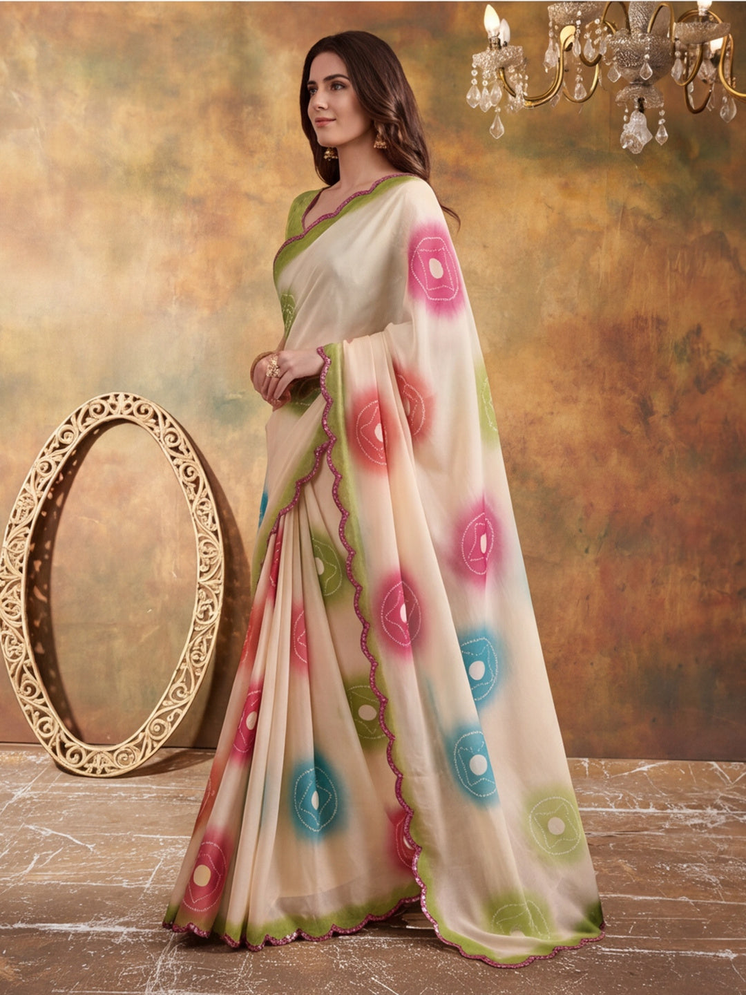 Women Lightweight Printed Beautiful Mirror Work Border Saree With Unstitched Blouse Piece