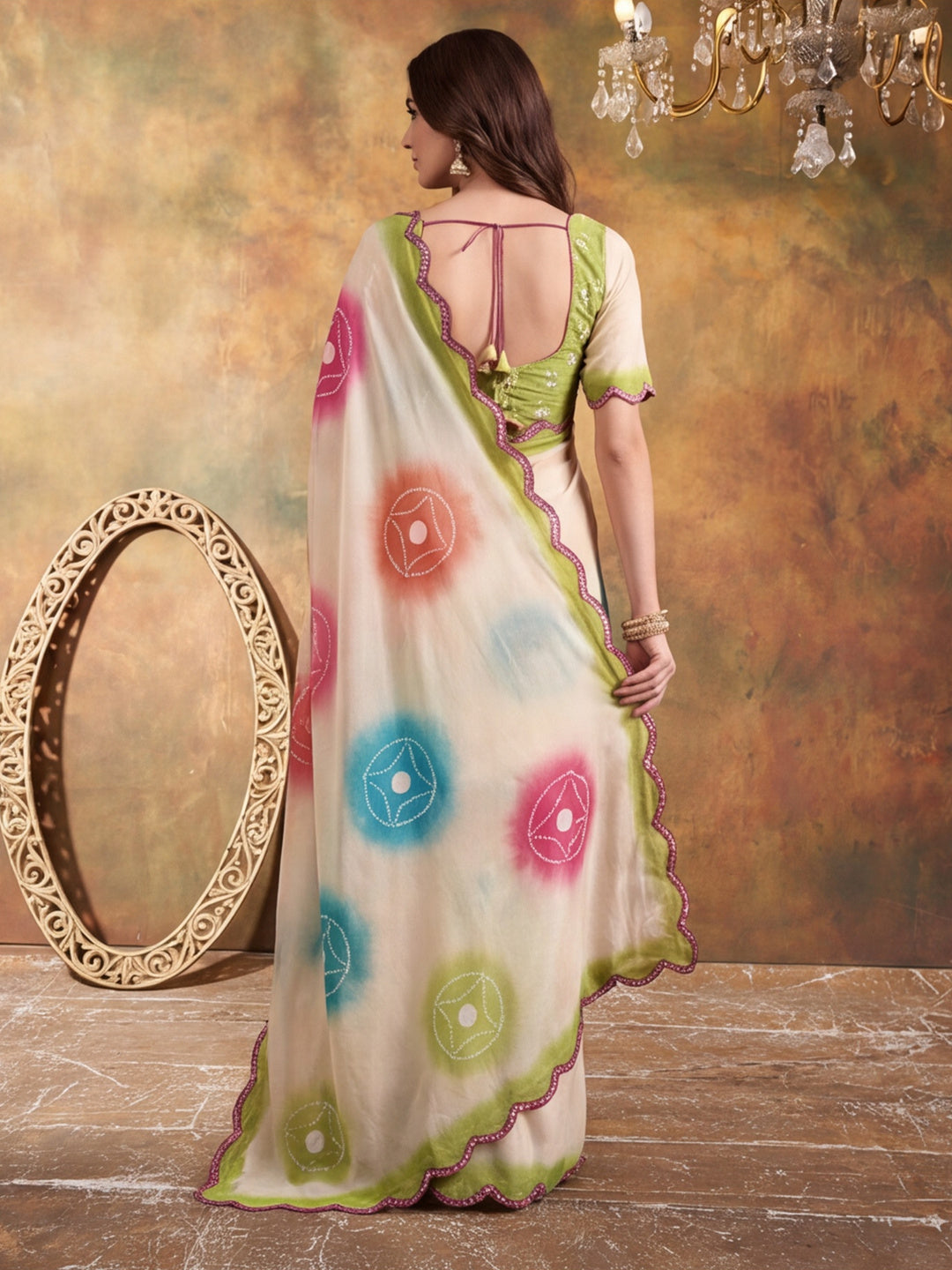 Women Lightweight Printed Beautiful Mirror Work Border Saree With Unstitched Blouse Piece