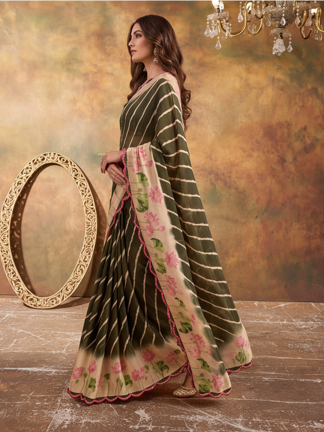 Women Lightweight Printed Beautiful Mirror Work Border Saree With Unstitched Blouse Piece