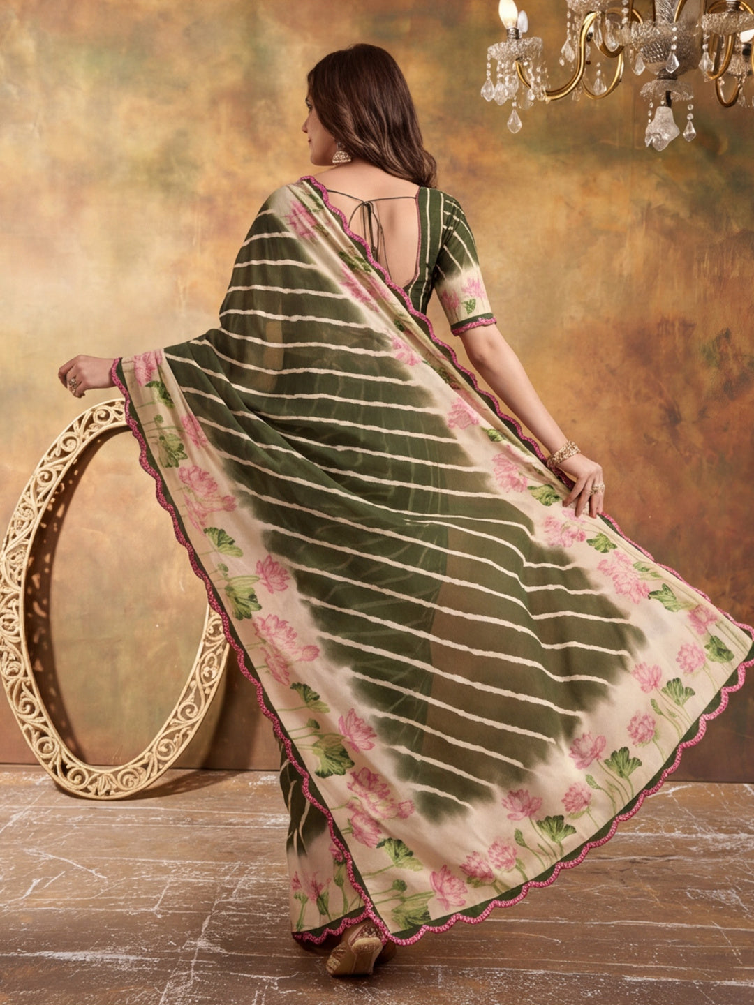 Women Lightweight Printed Beautiful Mirror Work Border Saree With Unstitched Blouse Piece