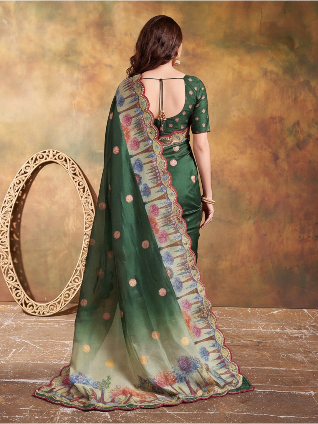 Women Lightweight Printed Beautiful Mirror Work Border Saree With Unstitched Blouse Piece