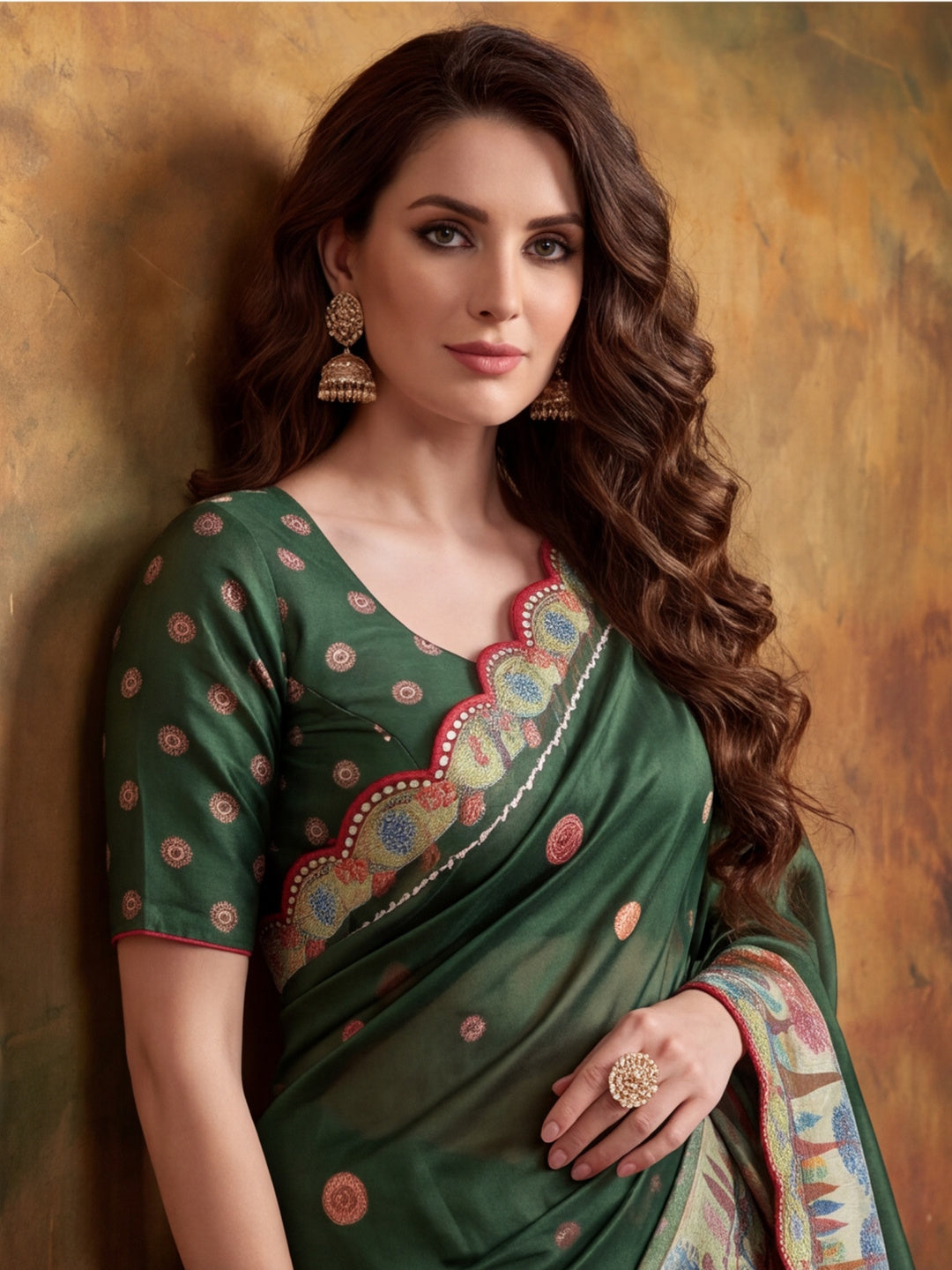 Women Lightweight Printed Beautiful Mirror Work Border Saree With Unstitched Blouse Piece