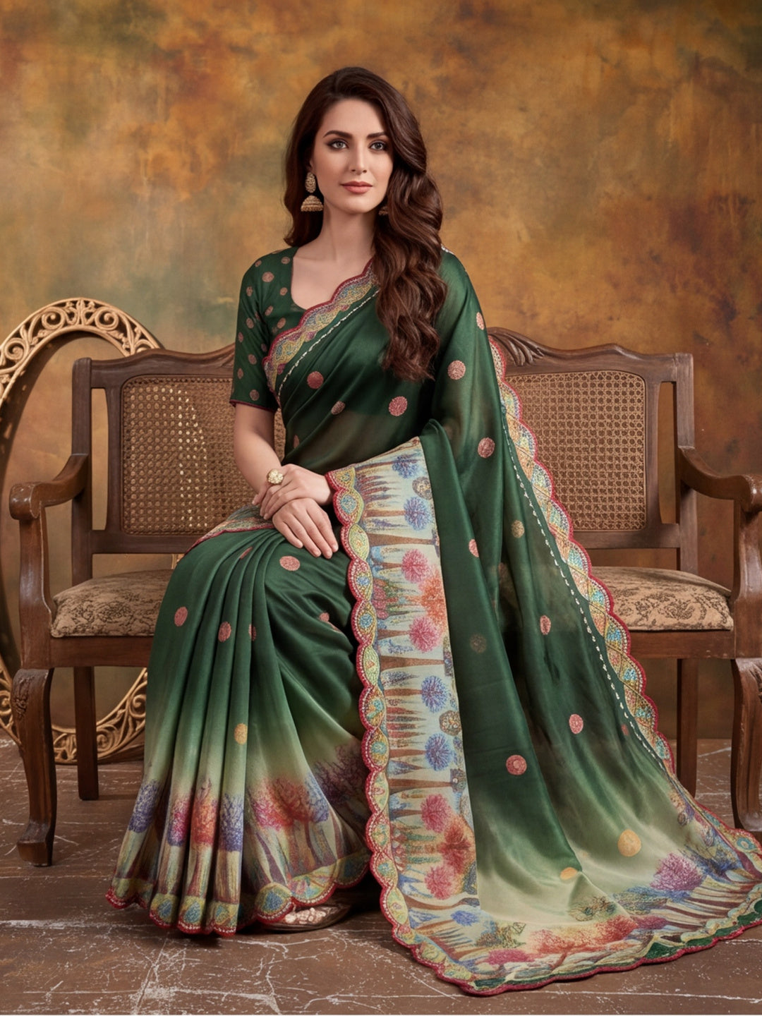 Women Lightweight Printed Beautiful Mirror Work Border Saree With Unstitched Blouse Piece