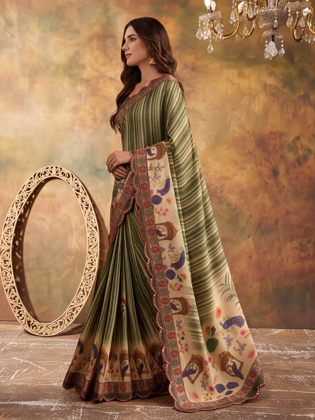 Women Lightweight Printed Beautiful Mirror Work Border Saree With Unstitched Blouse Piece