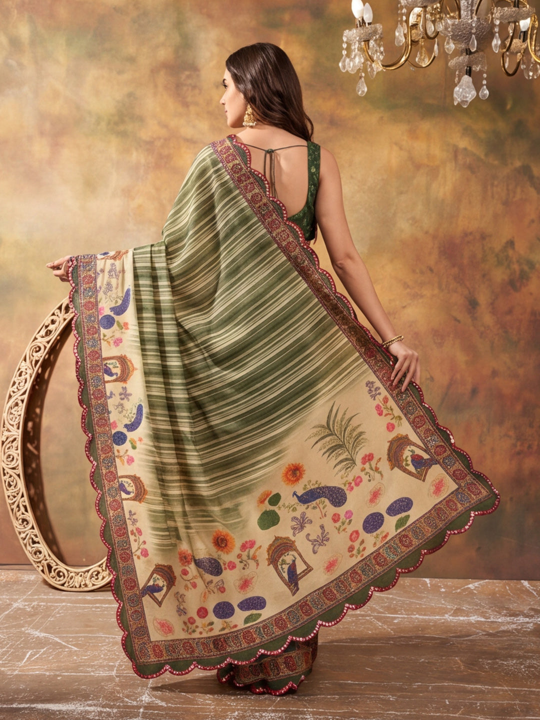 Women Lightweight Printed Beautiful Mirror Work Border Saree With Unstitched Blouse Piece
