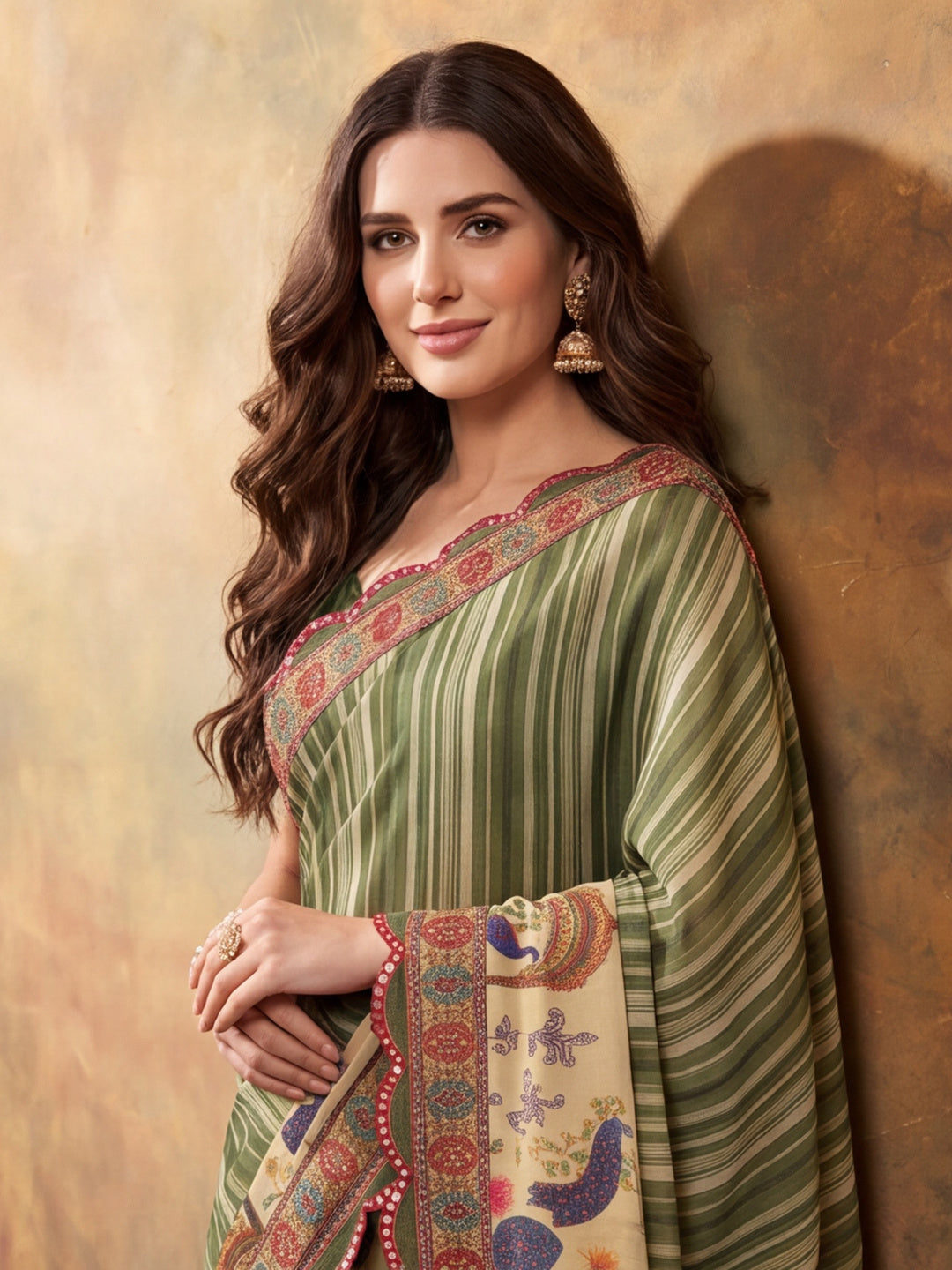 Women Lightweight Printed Beautiful Mirror Work Border Saree With Unstitched Blouse Piece