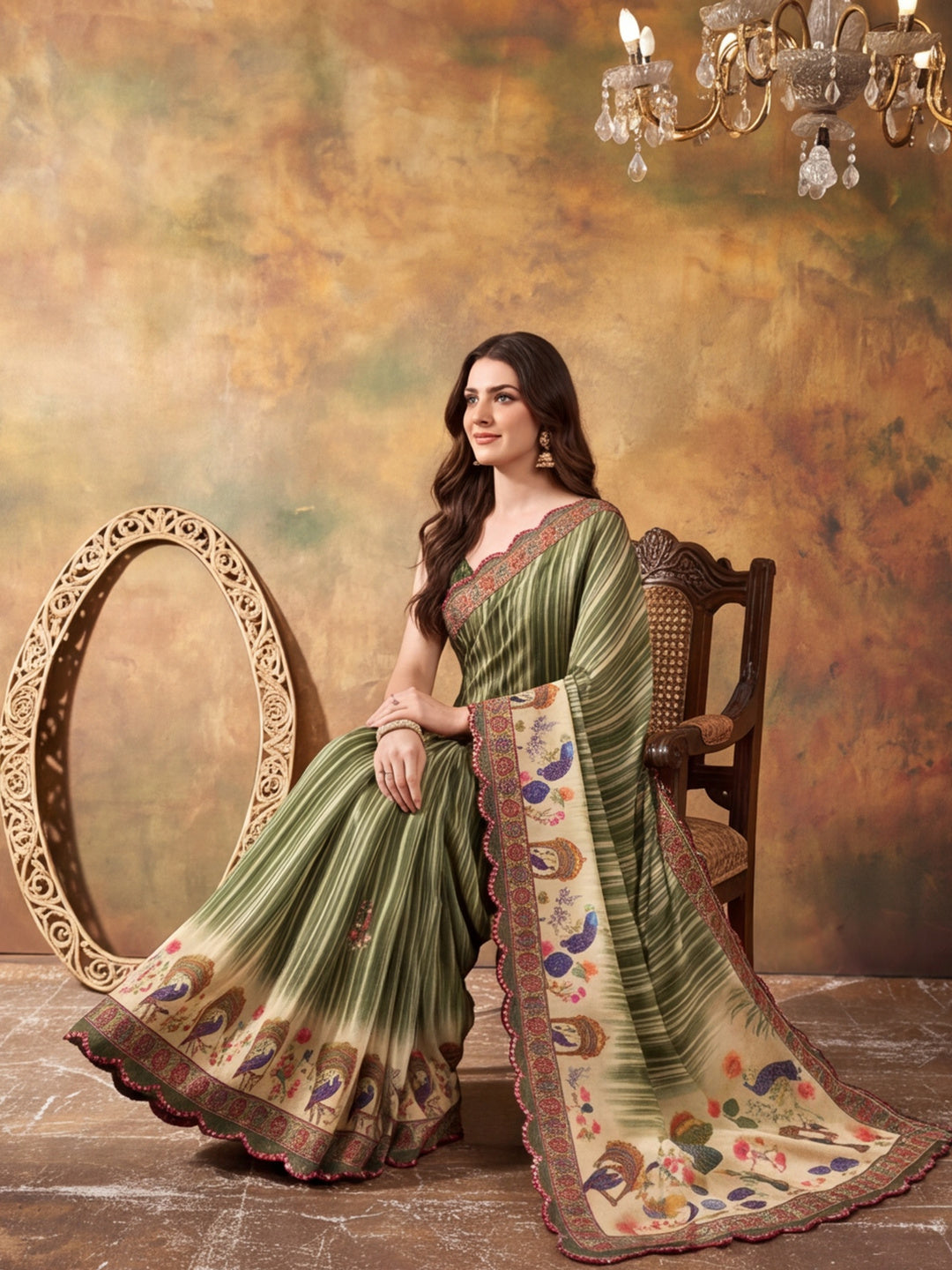 Women Lightweight Printed Beautiful Mirror Work Border Saree With Unstitched Blouse Piece