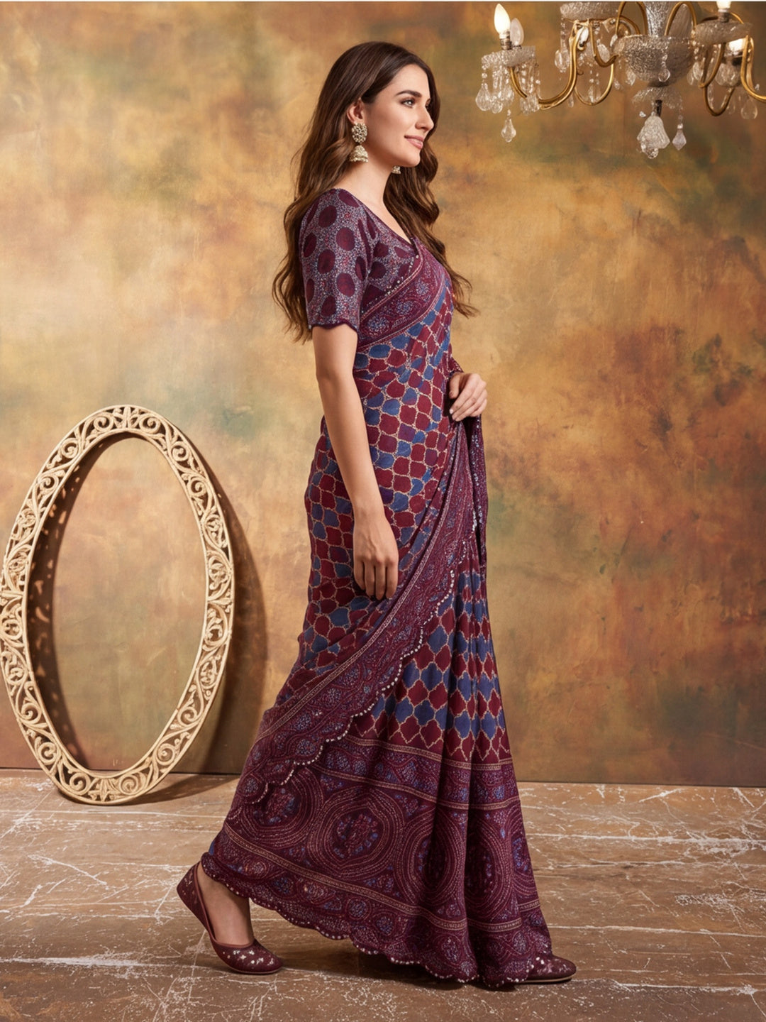 Women Lightweight Printed Beautiful Mirror Work Border Saree With Unstitched Blouse Piece