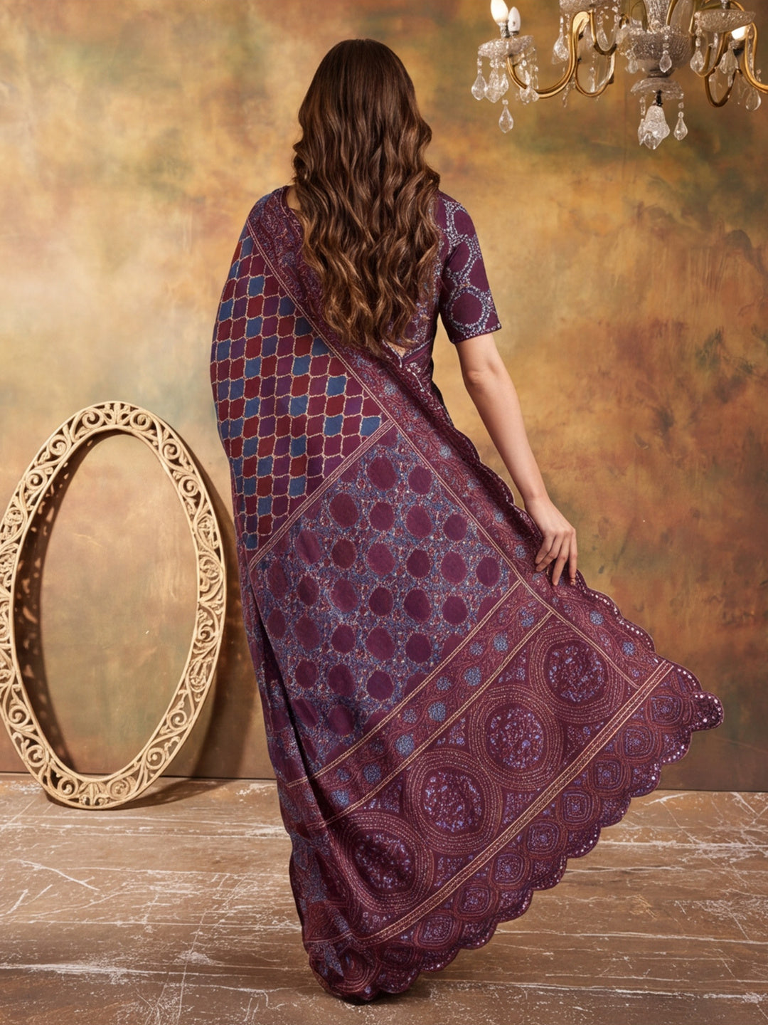 Women Lightweight Printed Beautiful Mirror Work Border Saree With Unstitched Blouse Piece