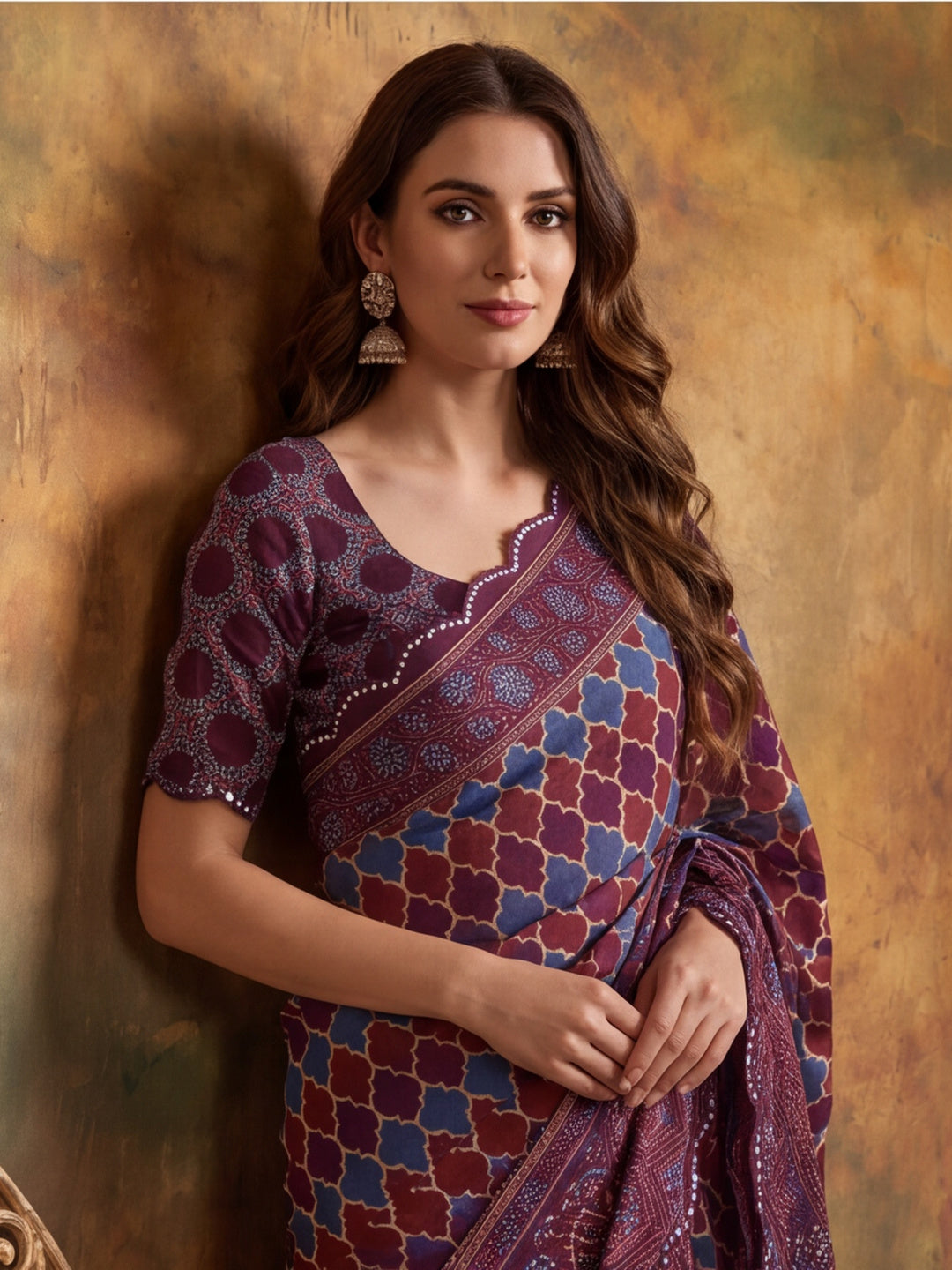 Women Lightweight Printed Beautiful Mirror Work Border Saree With Unstitched Blouse Piece