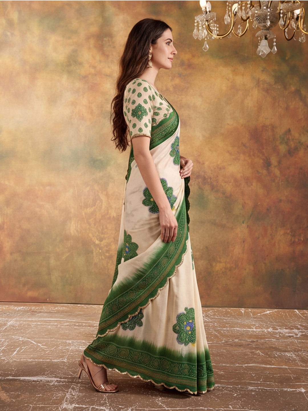 Women Lightweight Printed Beautiful Mirror Work Border Saree With Unstitched Blouse Piece