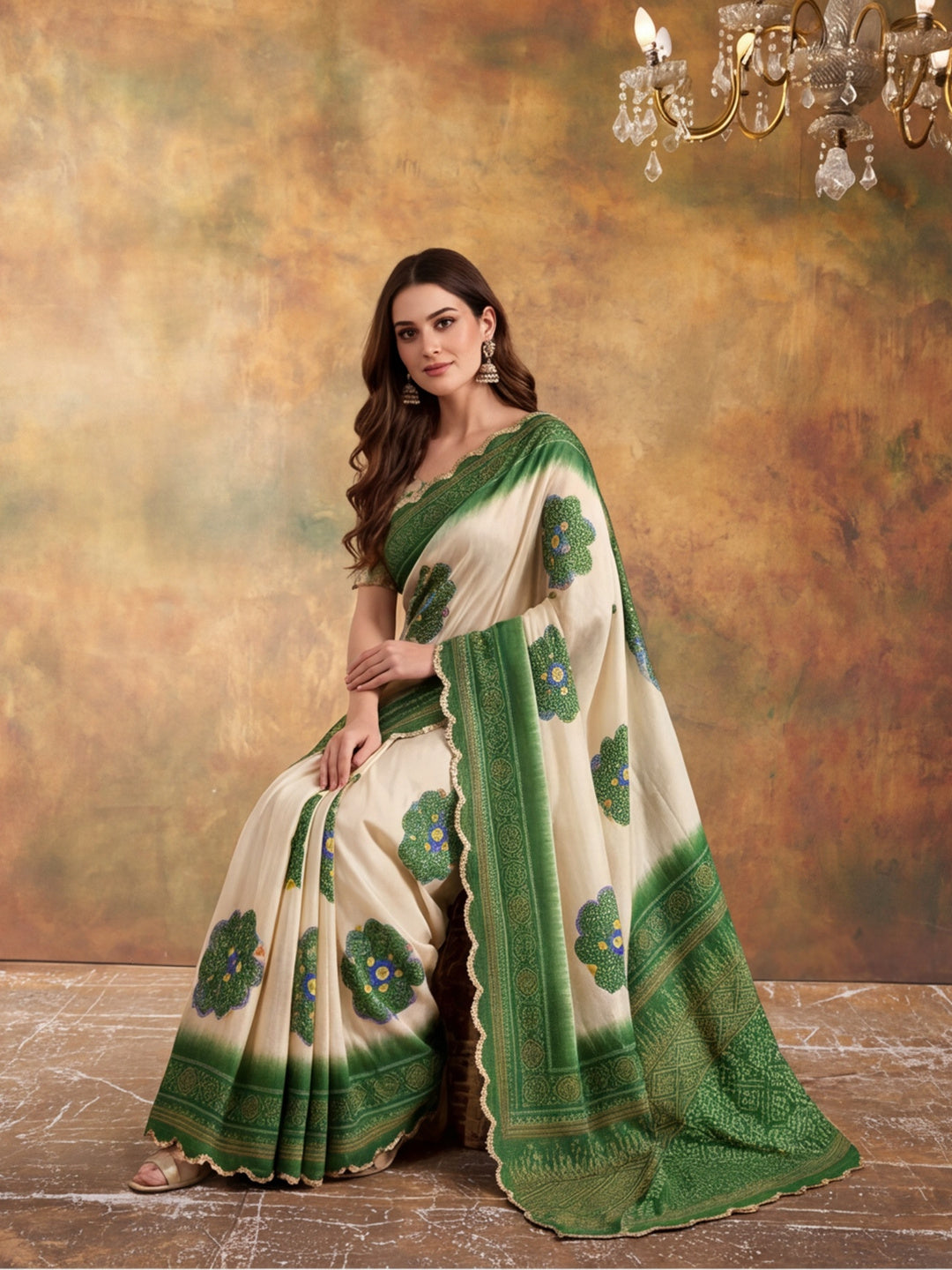 Women Lightweight Printed Beautiful Mirror Work Border Saree With Unstitched Blouse Piece