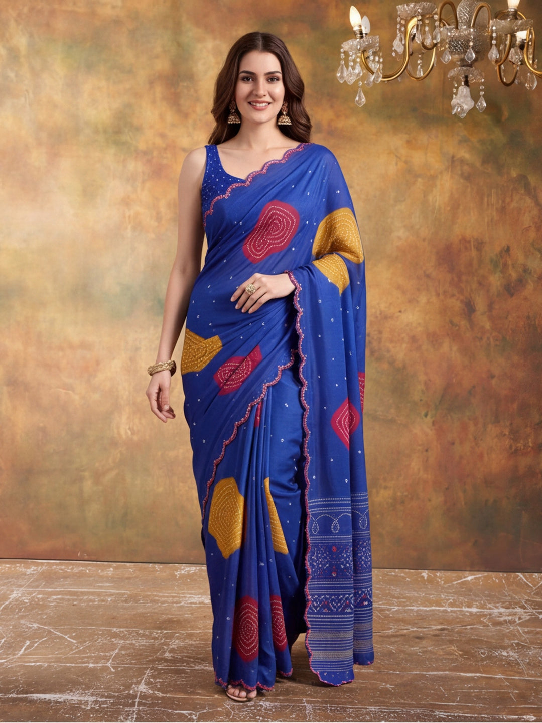 Women Lightweight Printed Beautiful Mirror Work Border Saree With Unstitched Blouse Piece