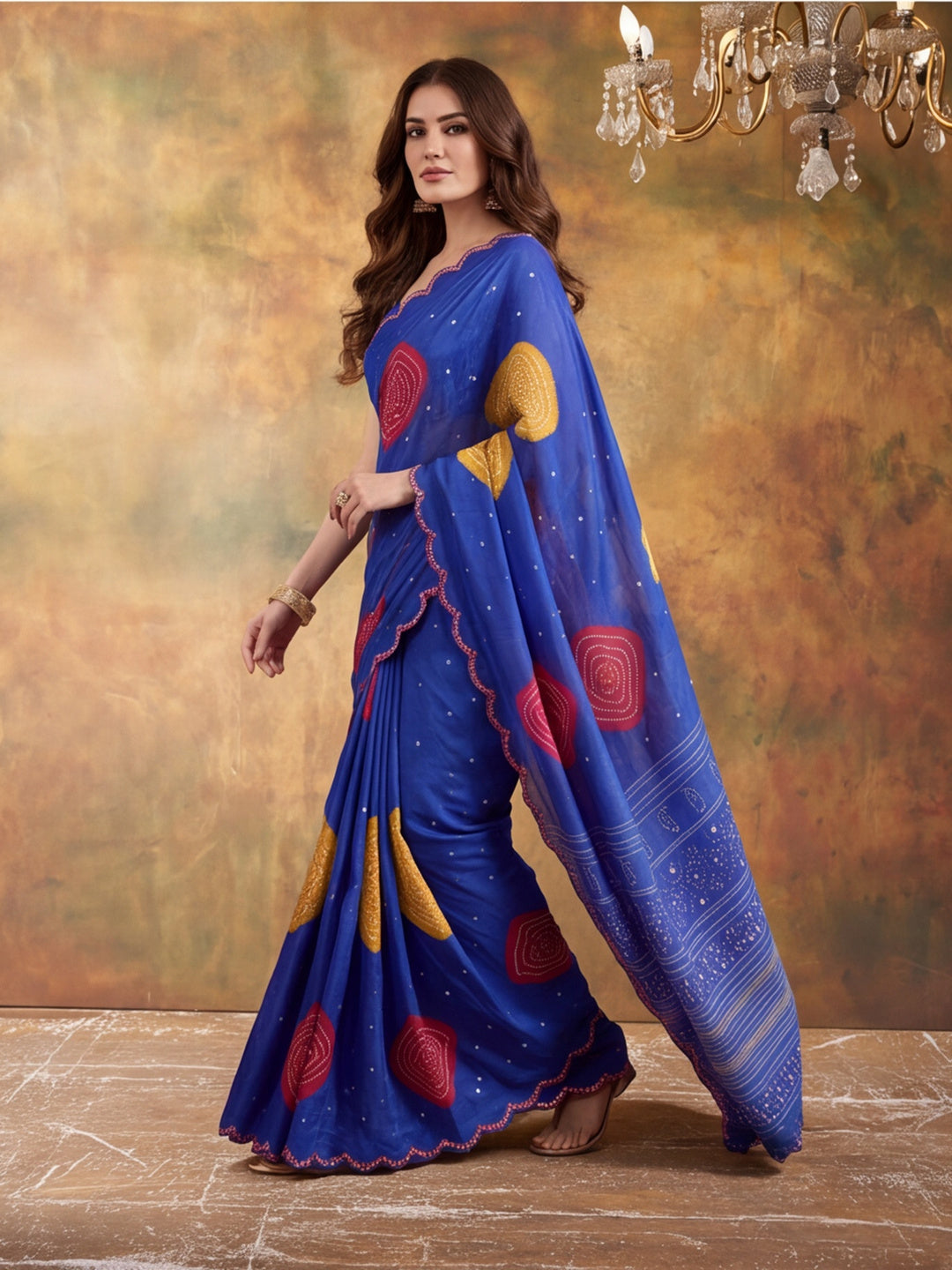 Women Lightweight Printed Beautiful Mirror Work Border Saree With Unstitched Blouse Piece