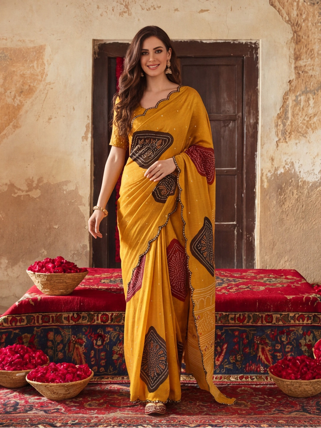 Women Lightweight Printed Beautiful Mirror Work Border Saree With Unstitched Blouse Piece