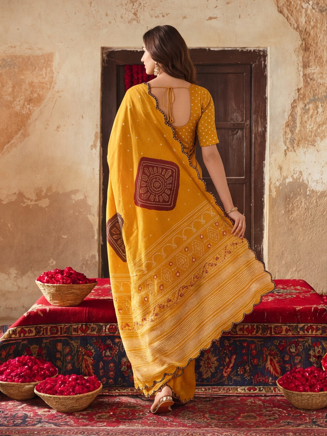 Women Lightweight Printed Beautiful Mirror Work Border Saree With Unstitched Blouse Piece