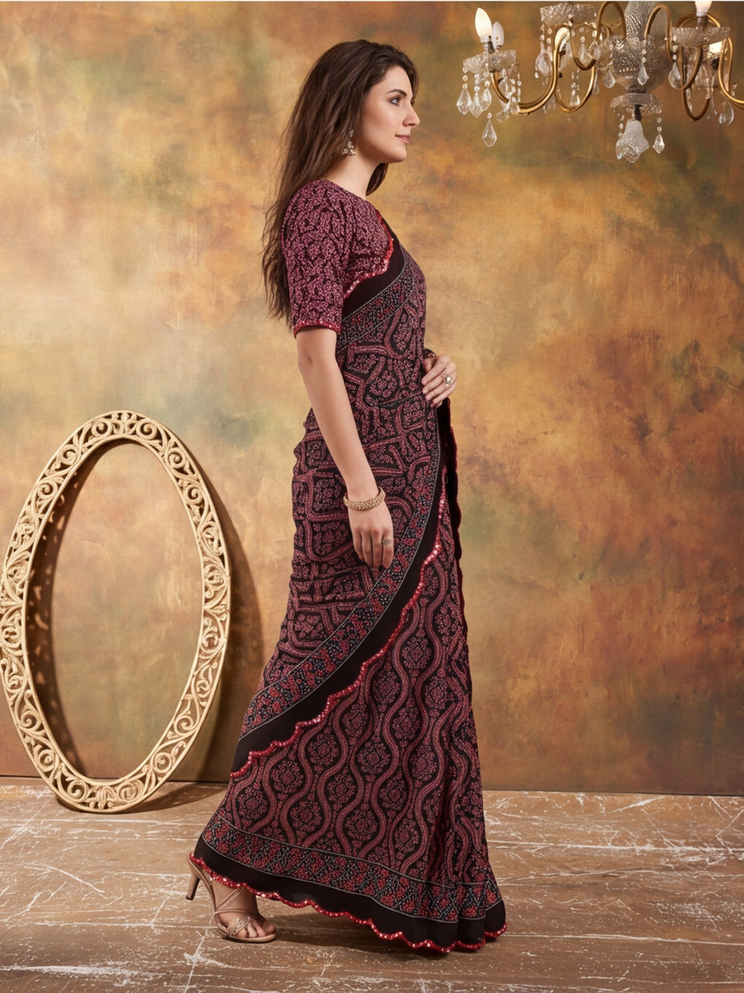 Women Lightweight Printed Beautiful Mirror Work Border Saree With Unstitched Blouse Piece
