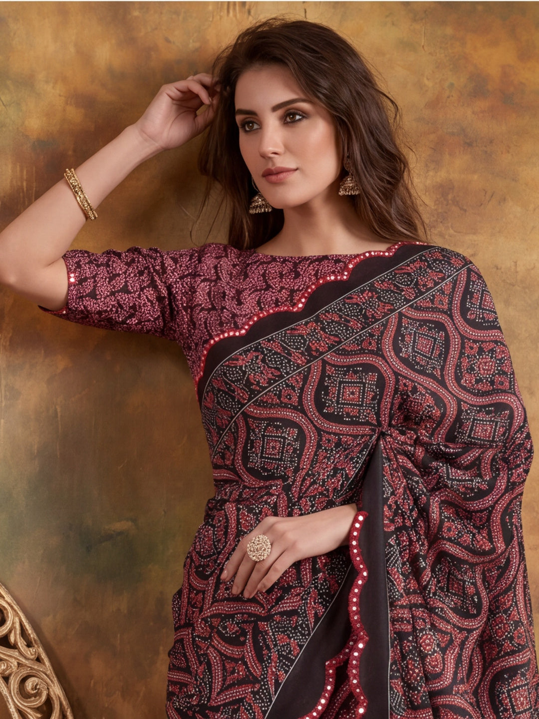 Women Lightweight Printed Beautiful Mirror Work Border Saree With Unstitched Blouse Piece