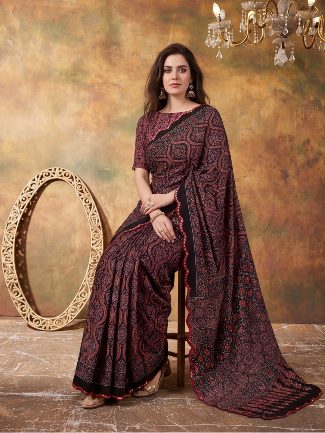 Women Lightweight Printed Beautiful Mirror Work Border Saree With Unstitched Blouse Piece