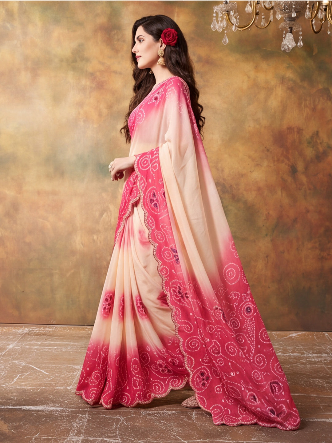 Women Lightweight Printed Beautiful Mirror Work Border Saree With Unstitched Blouse Piece