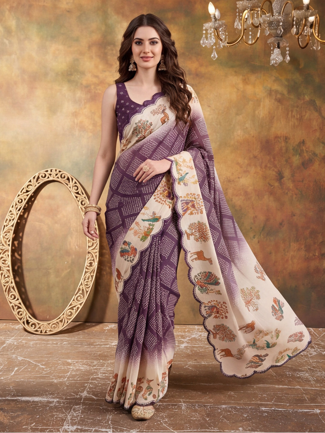 Women Lightweight Printed Beautiful Mirror Work Border Saree With Unstitched Blouse Piece