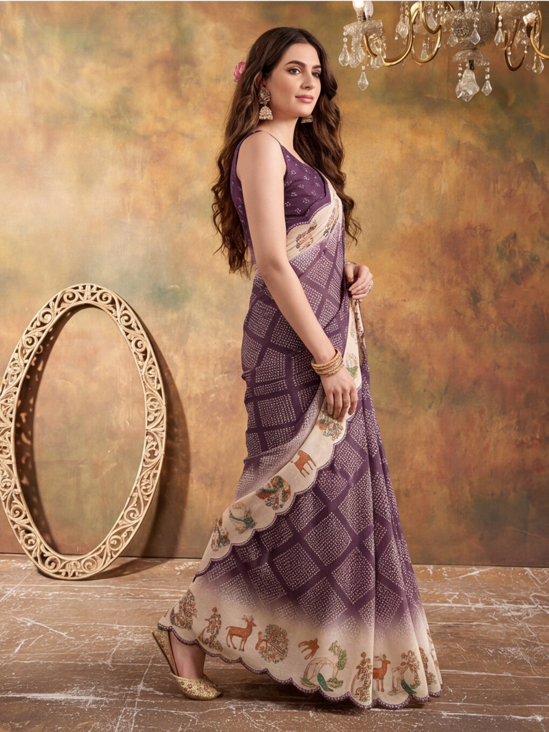 Women Lightweight Printed Beautiful Mirror Work Border Saree With Unstitched Blouse Piece