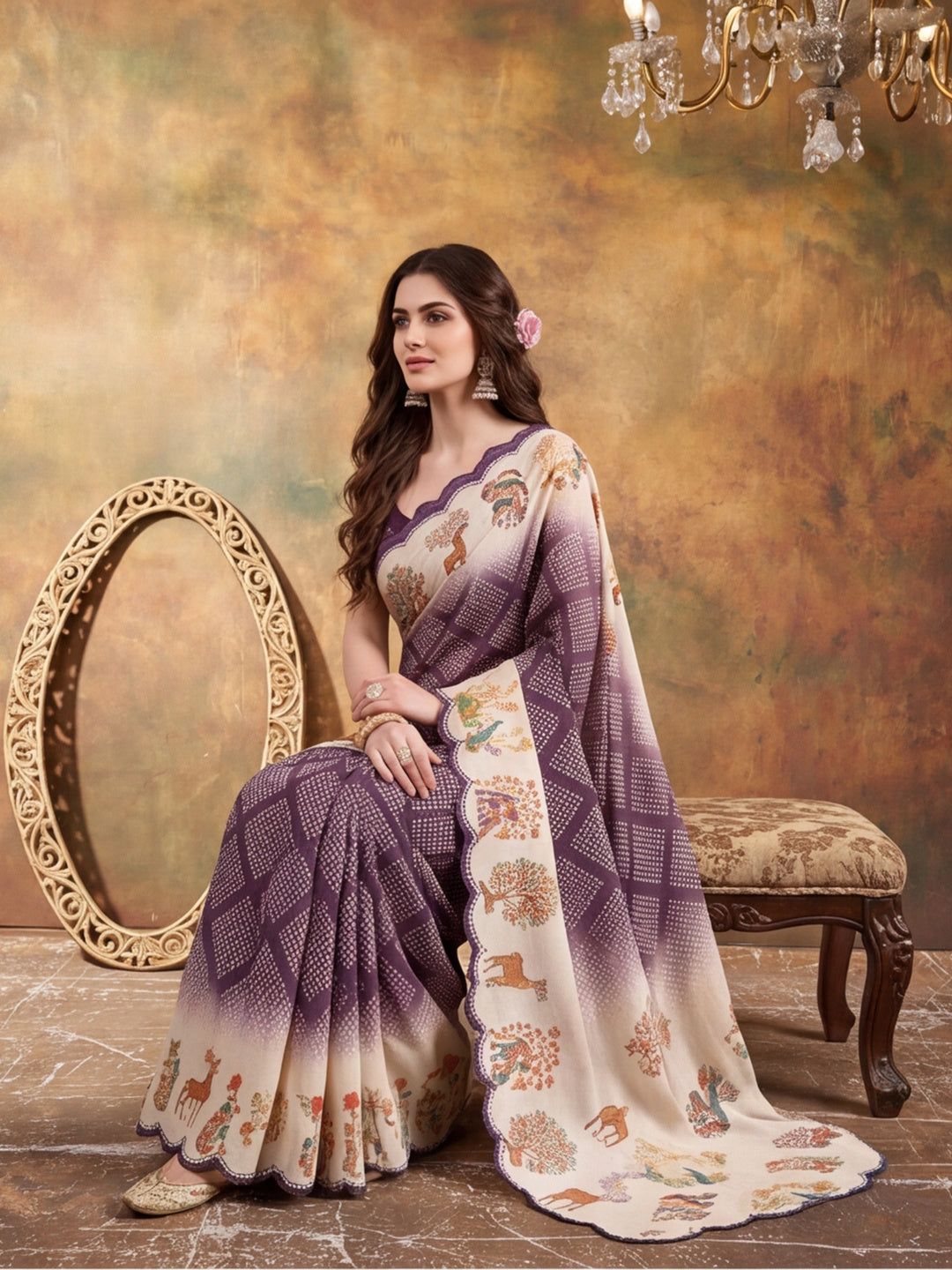 Women Lightweight Printed Beautiful Mirror Work Border Saree With Unstitched Blouse Piece