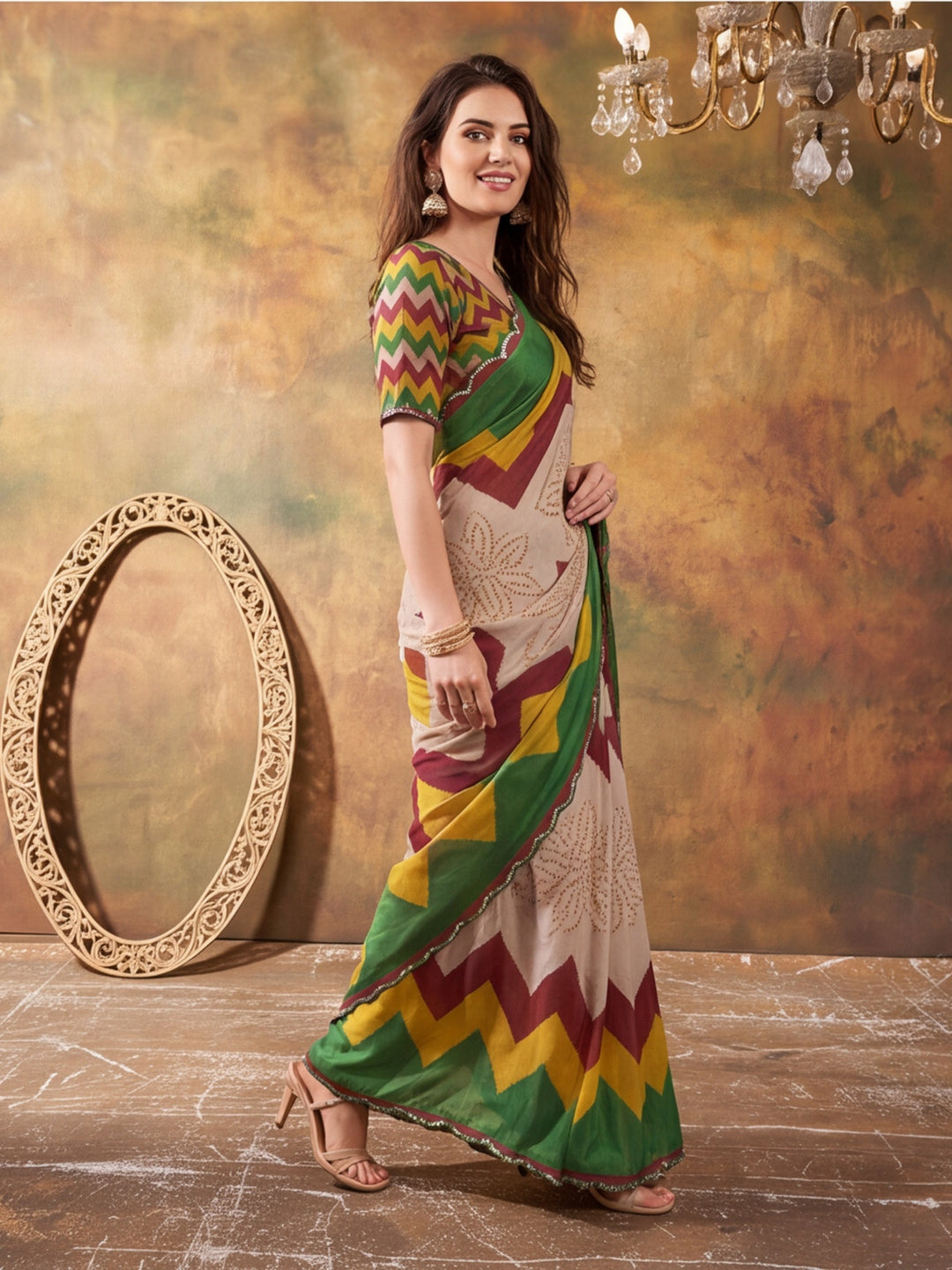 Women Lightweight Printed Beautiful Mirror Work Border Saree With Unstitched Blouse Piece