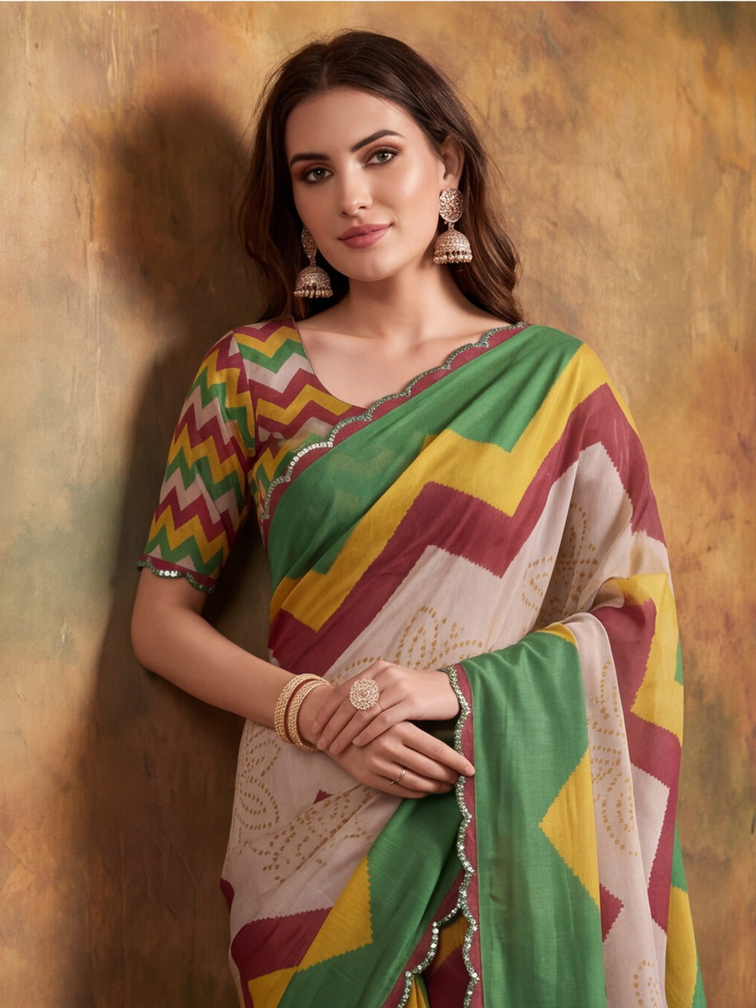Women Lightweight Printed Beautiful Mirror Work Border Saree With Unstitched Blouse Piece