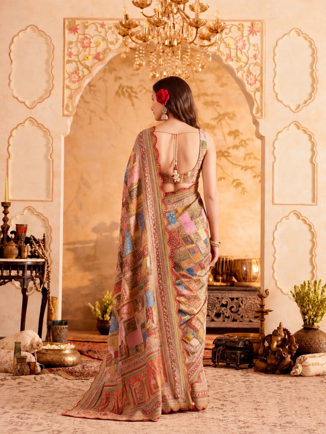 Women Lightweight Printed Beautiful Mirror Work Border Saree With Unstitched Blouse Piece