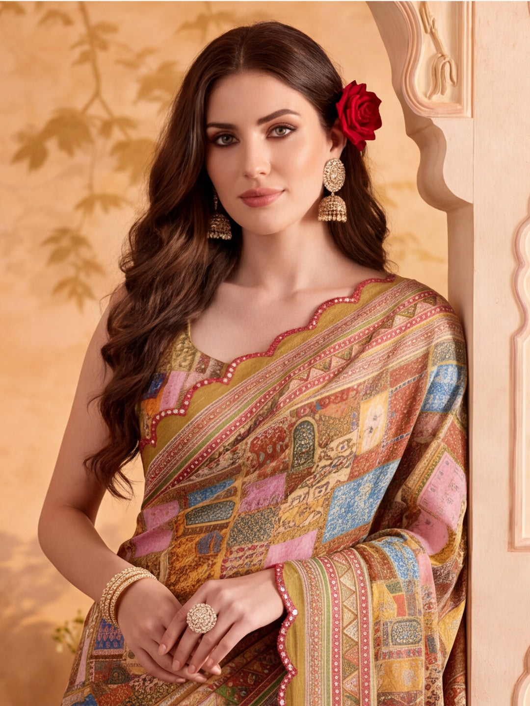 Women Lightweight Printed Beautiful Mirror Work Border Saree With Unstitched Blouse Piece