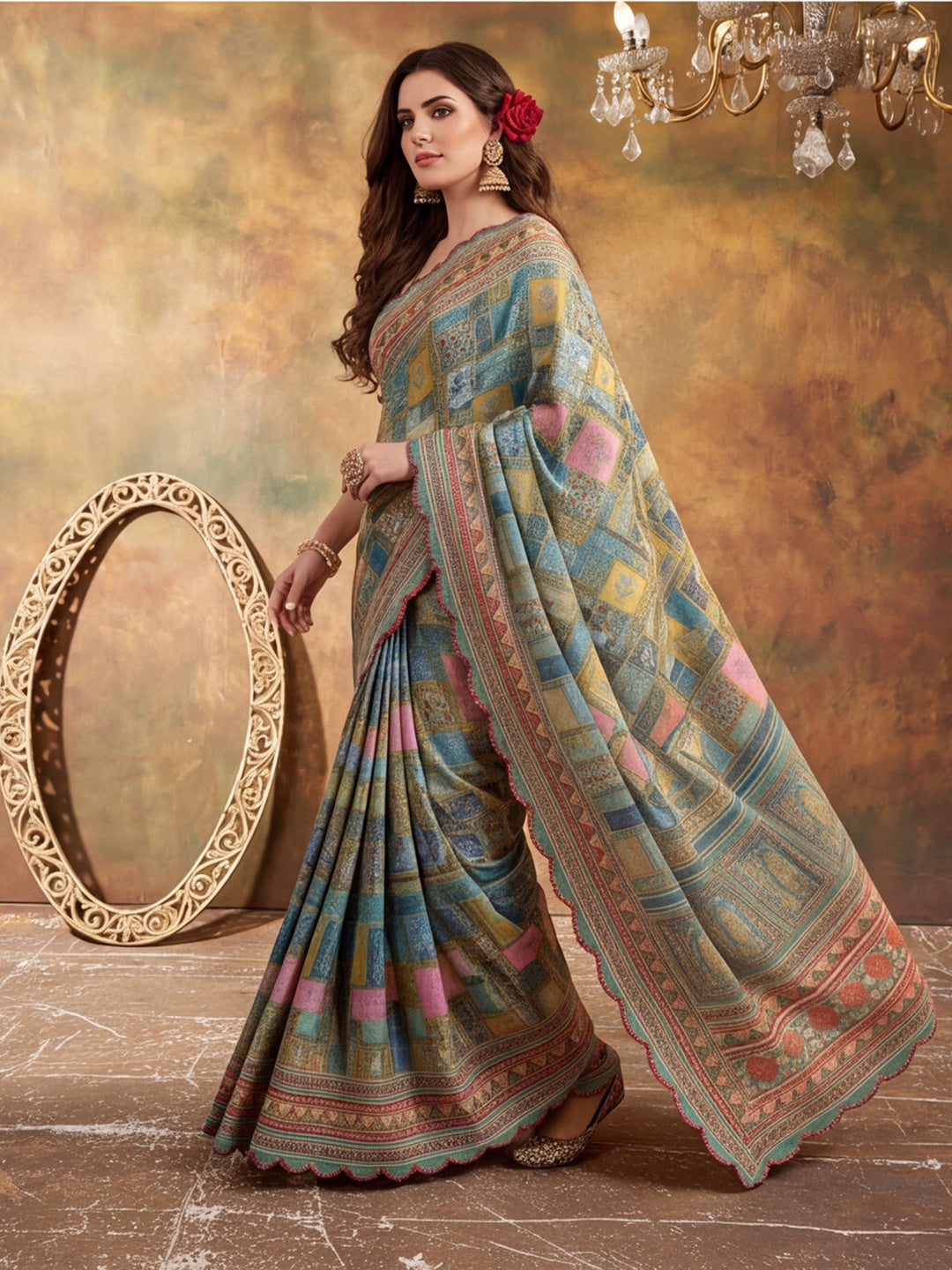 Women Lightweight Printed Beautiful Mirror Work Border Saree With Unstitched Blouse Piece
