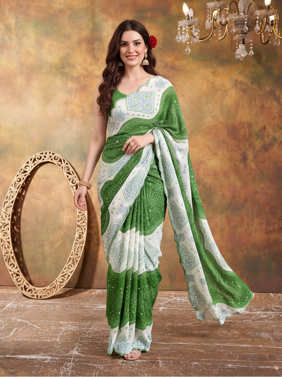 Women Lightweight Printed Beautiful Mirror Work Border Saree With Unstitched Blouse Piece