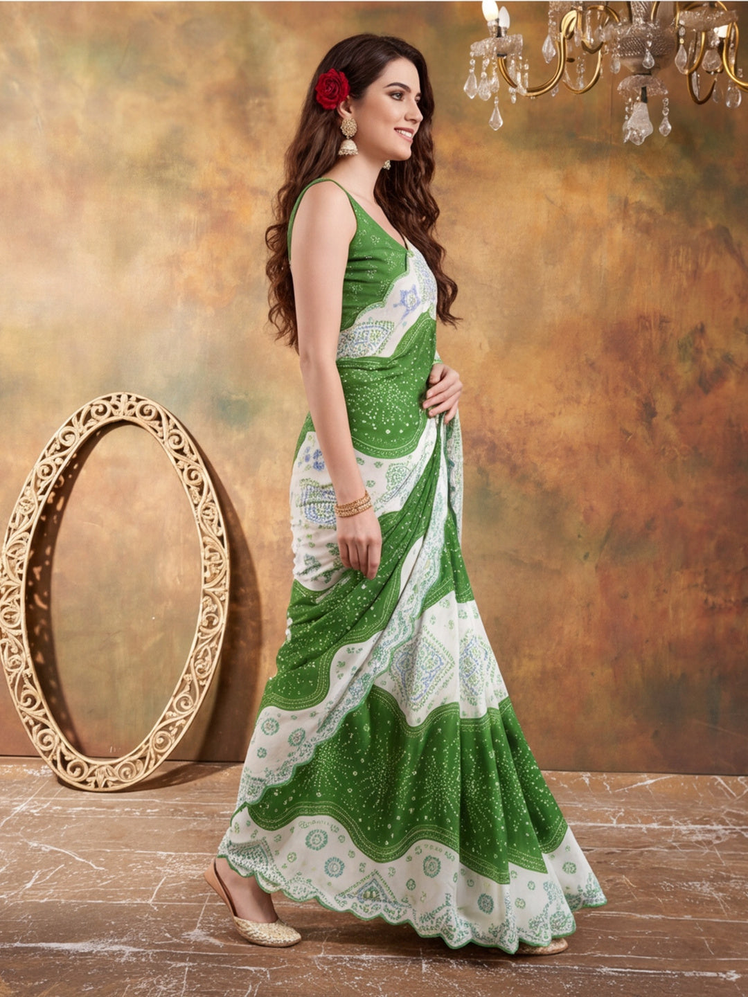 Women Lightweight Printed Beautiful Mirror Work Border Saree With Unstitched Blouse Piece
