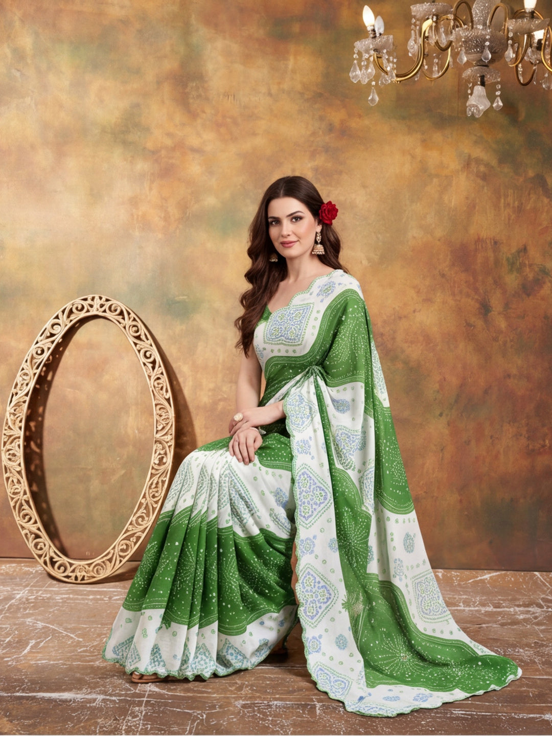 Women Lightweight Printed Beautiful Mirror Work Border Saree With Unstitched Blouse Piece
