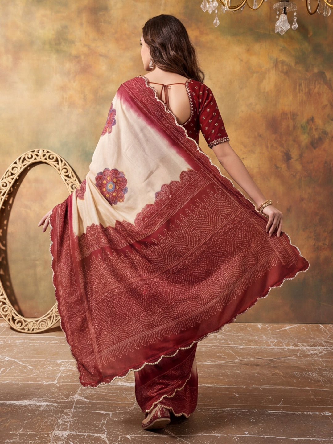 Women Lightweight Printed Beautiful Mirror Work Border Saree With Unstitched Blouse Piece