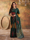 Women Lightweight Printed Beautiful Mirror Work Border Saree With Unstitched Blouse Piece