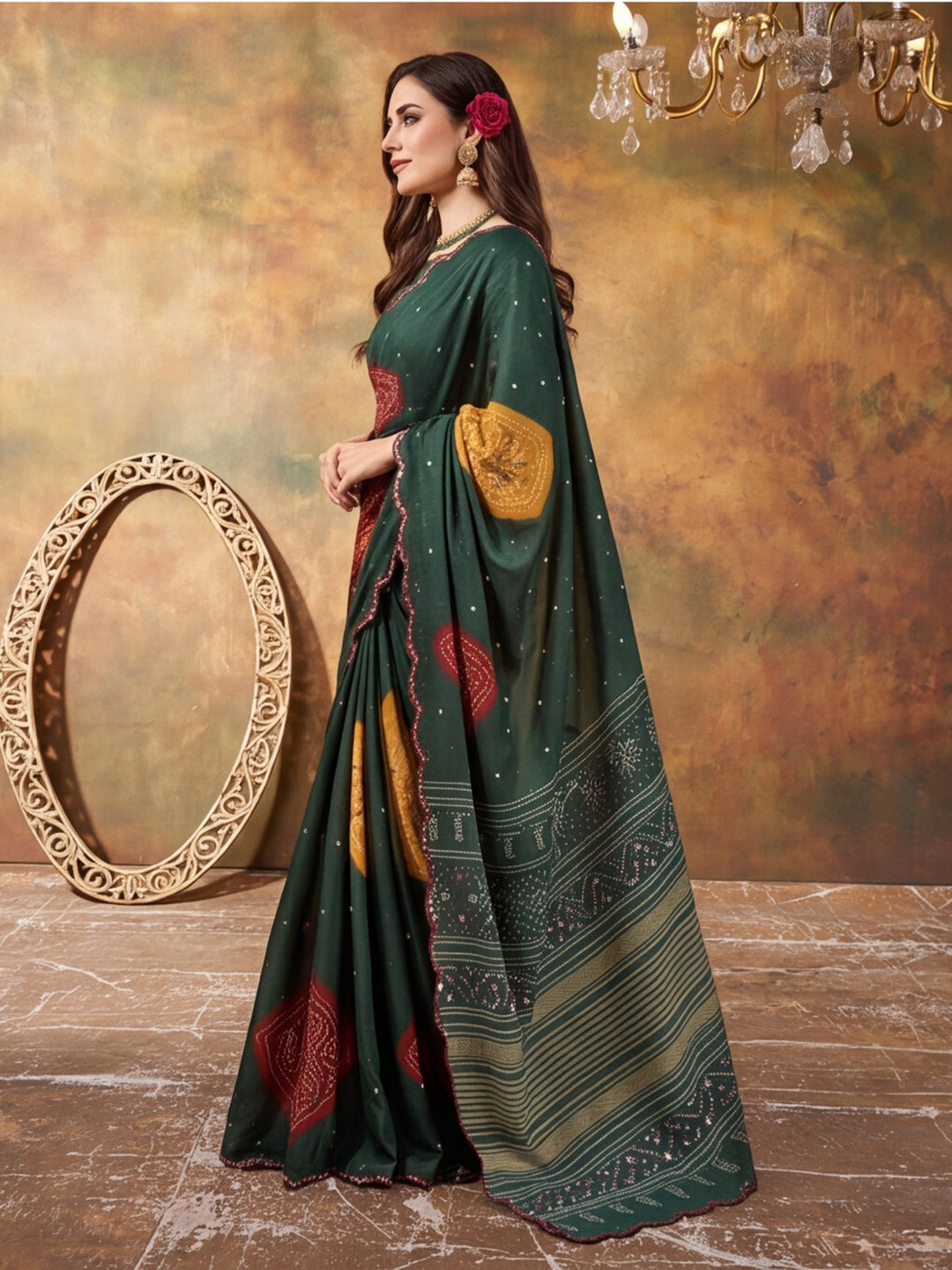 Women Lightweight Printed Beautiful Mirror Work Border Saree With Unstitched Blouse Piece