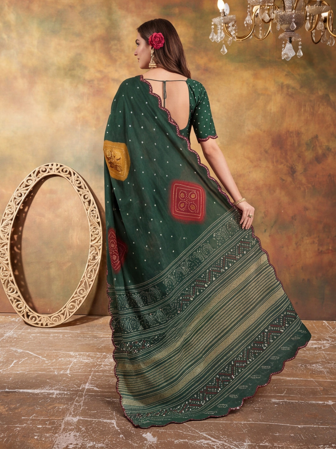 Women Lightweight Printed Beautiful Mirror Work Border Saree With Unstitched Blouse Piece