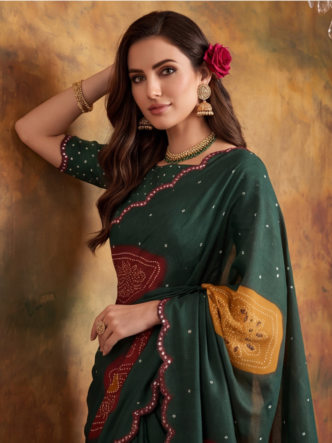 Women Lightweight Printed Beautiful Mirror Work Border Saree With Unstitched Blouse Piece