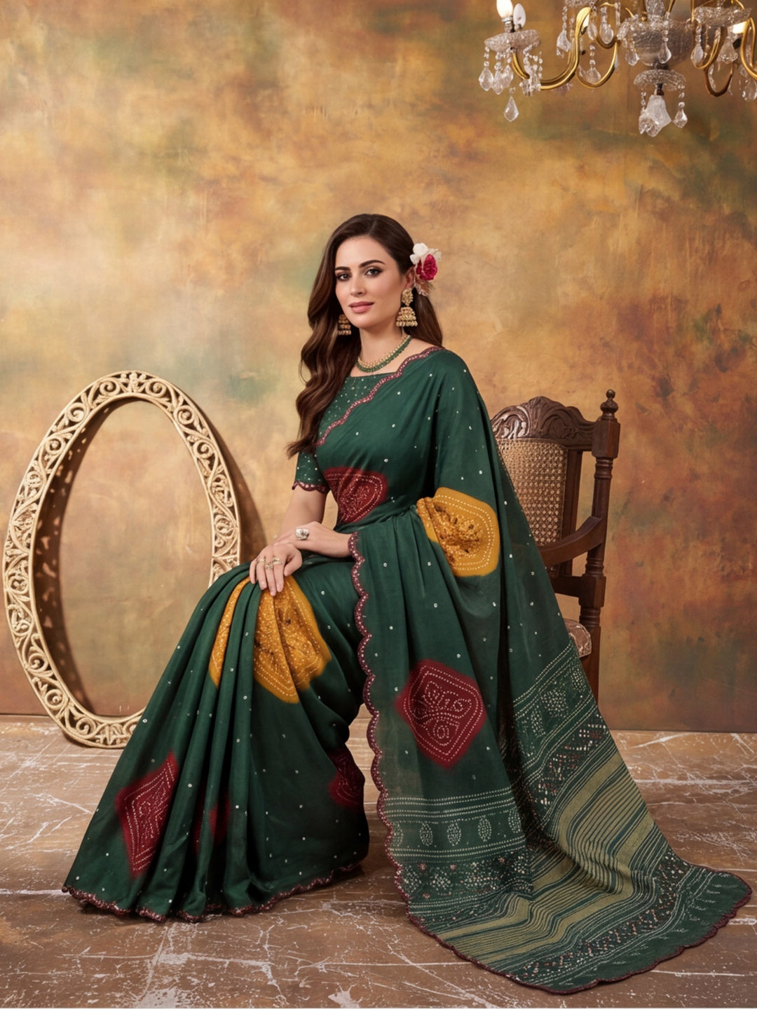 Women Lightweight Printed Beautiful Mirror Work Border Saree With Unstitched Blouse Piece