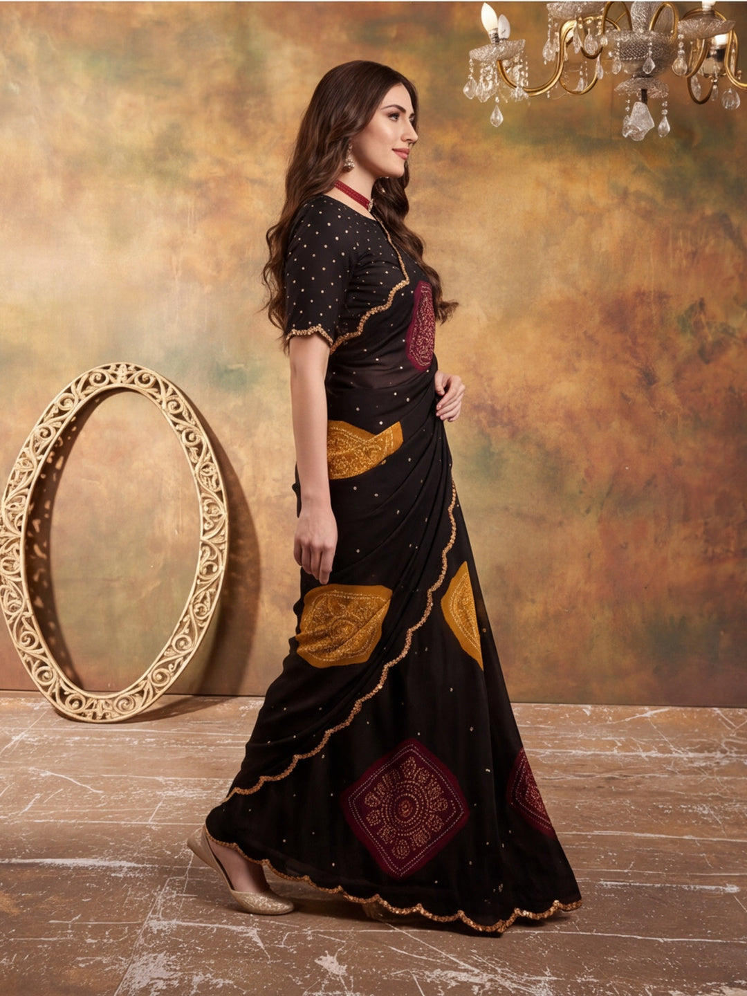 Women Lightweight Printed Beautiful Mirror Work Border Saree With Unstitched Blouse Piece
