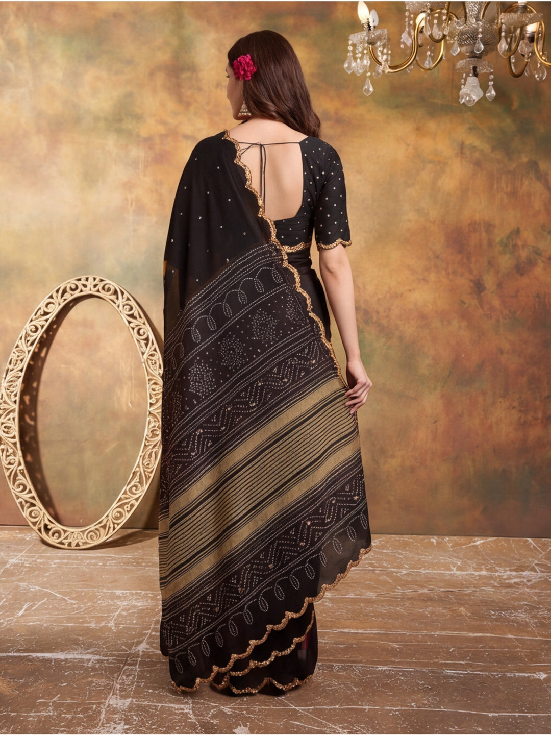 Women Lightweight Printed Beautiful Mirror Work Border Saree With Unstitched Blouse Piece