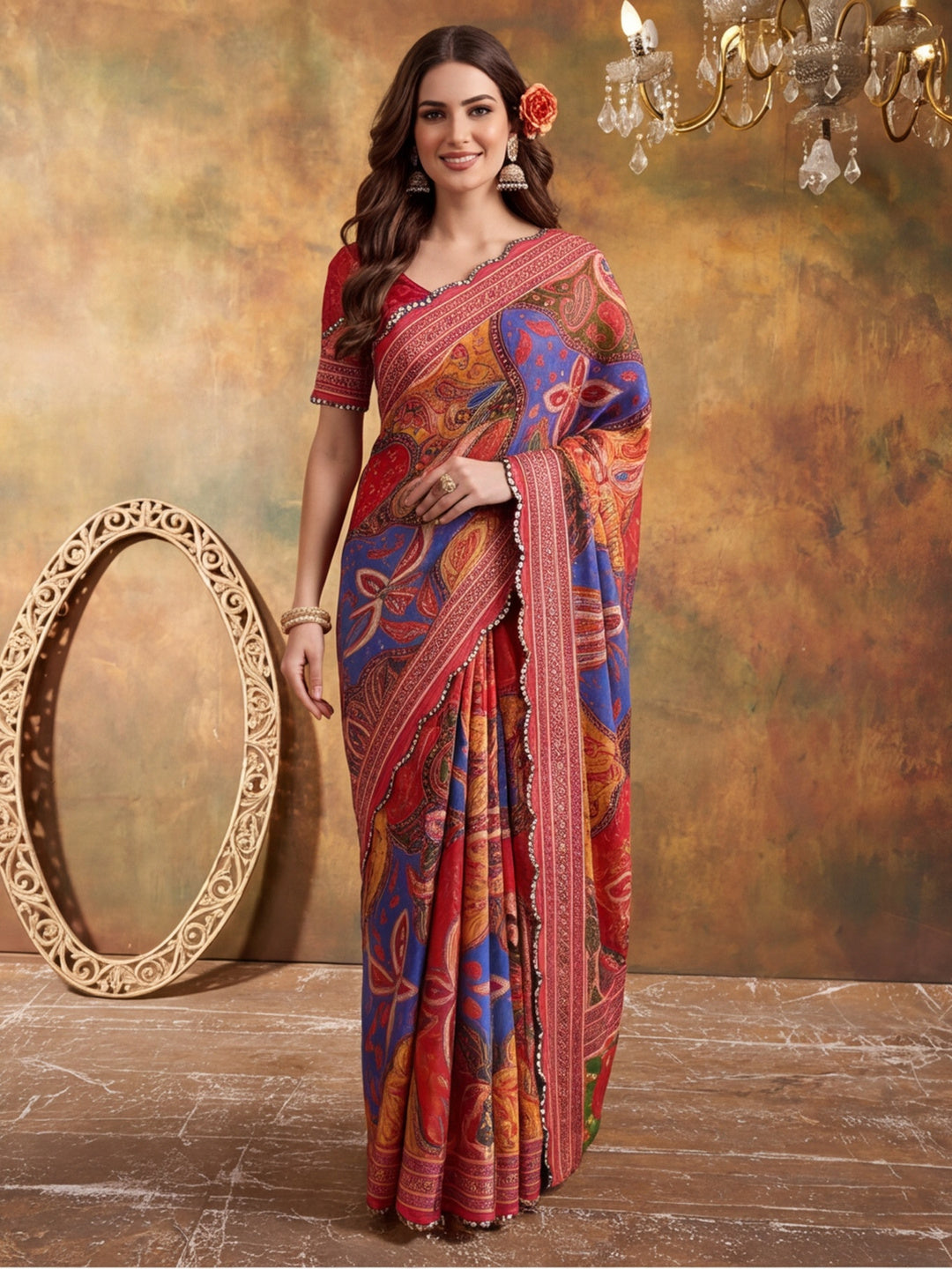 Women Lightweight Printed Beautiful Mirror Work Border Saree With Unstitched Blouse Piece