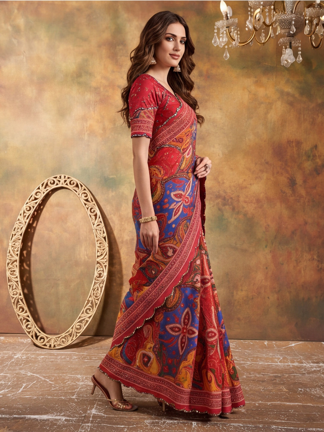 Women Lightweight Printed Beautiful Mirror Work Border Saree With Unstitched Blouse Piece