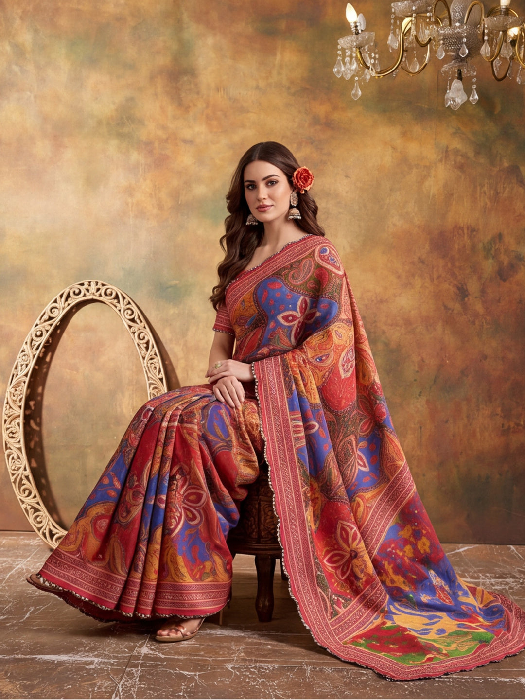 Women Lightweight Printed Beautiful Mirror Work Border Saree With Unstitched Blouse Piece