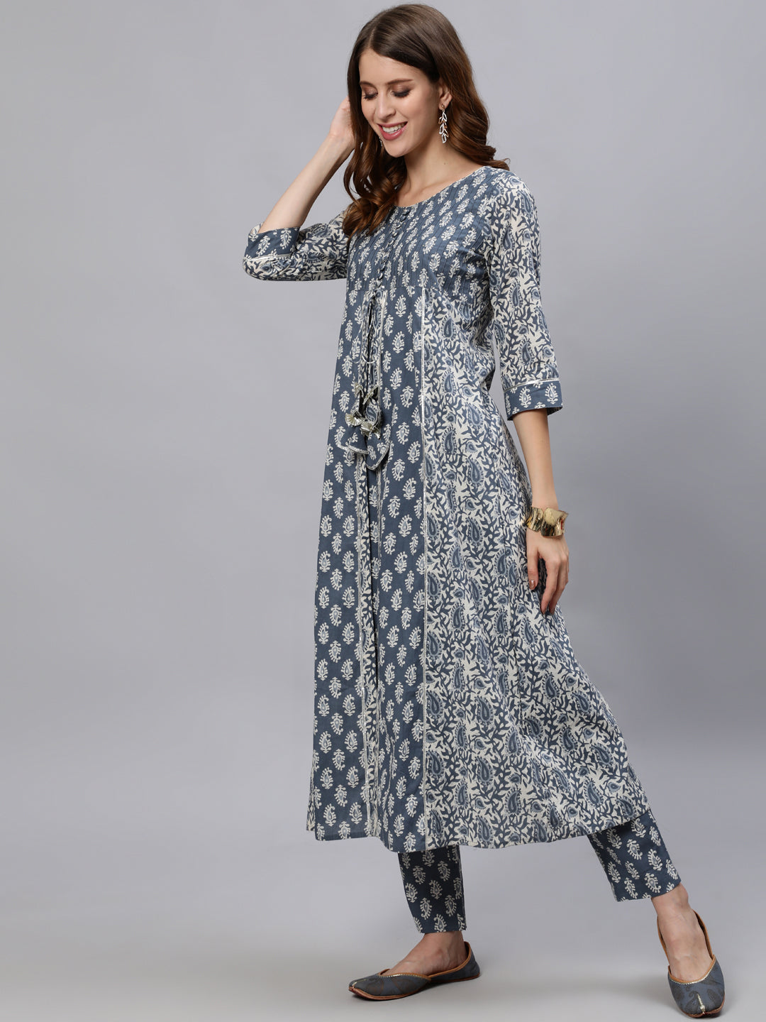 Blue & Grey Printed Flared Kurta With Pant