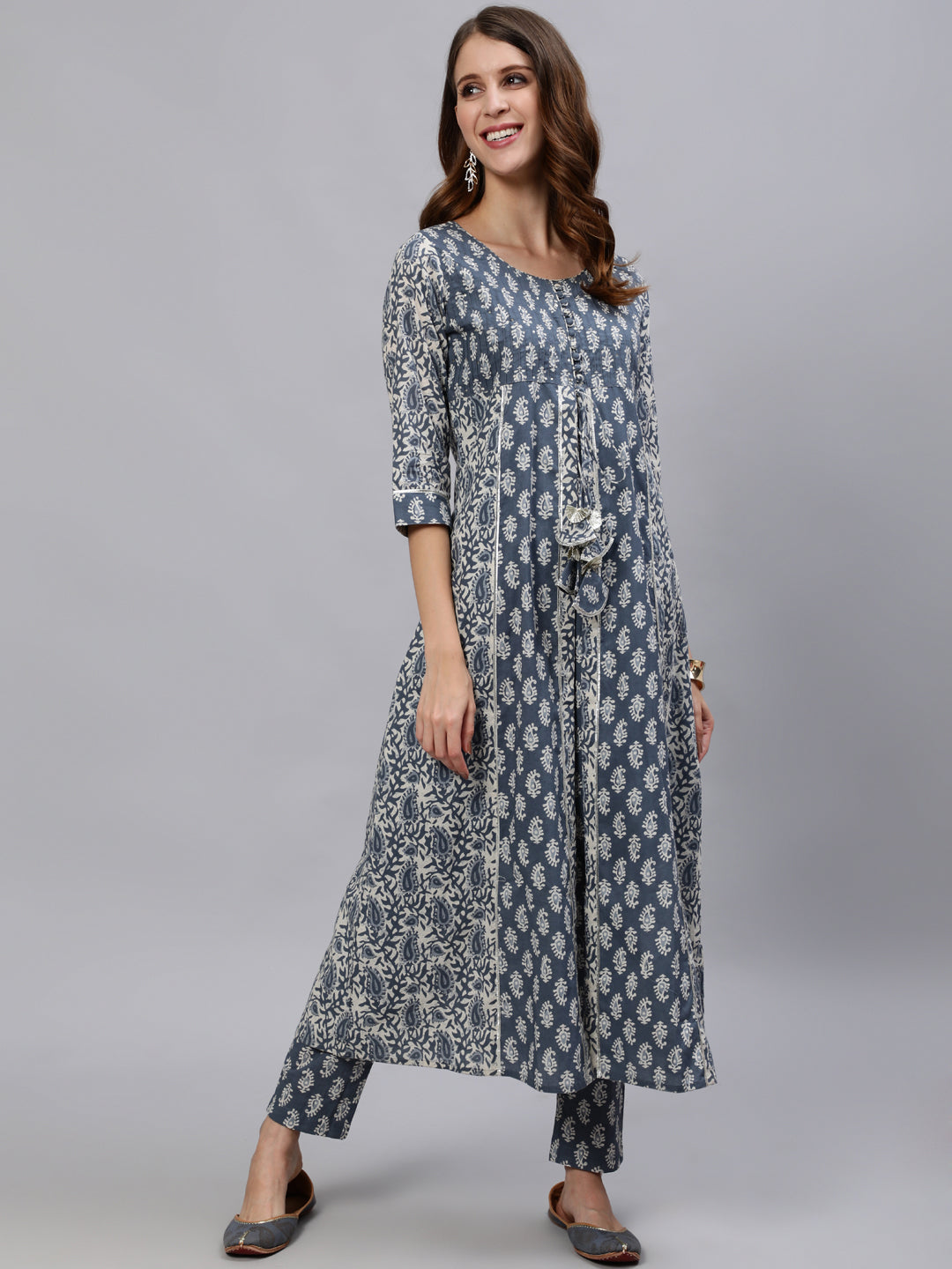 Blue & Grey Printed Flared Kurta With Pant